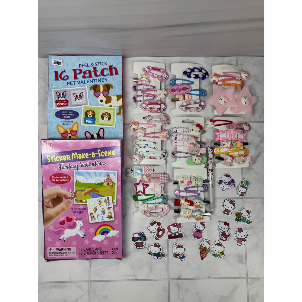 Hello Kitty Hair Clip Bundle & Valentine Sticker Card Activity Sets Kids Lot